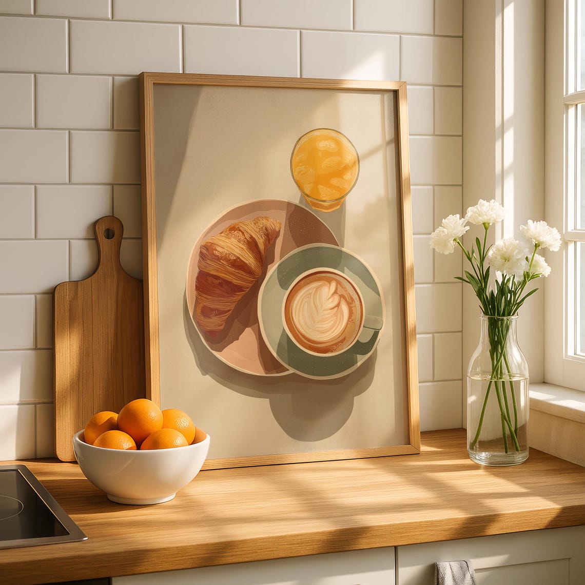Cozy Coffee Shop Flatlay Croissant Latte Heart Art Kitchen Poster