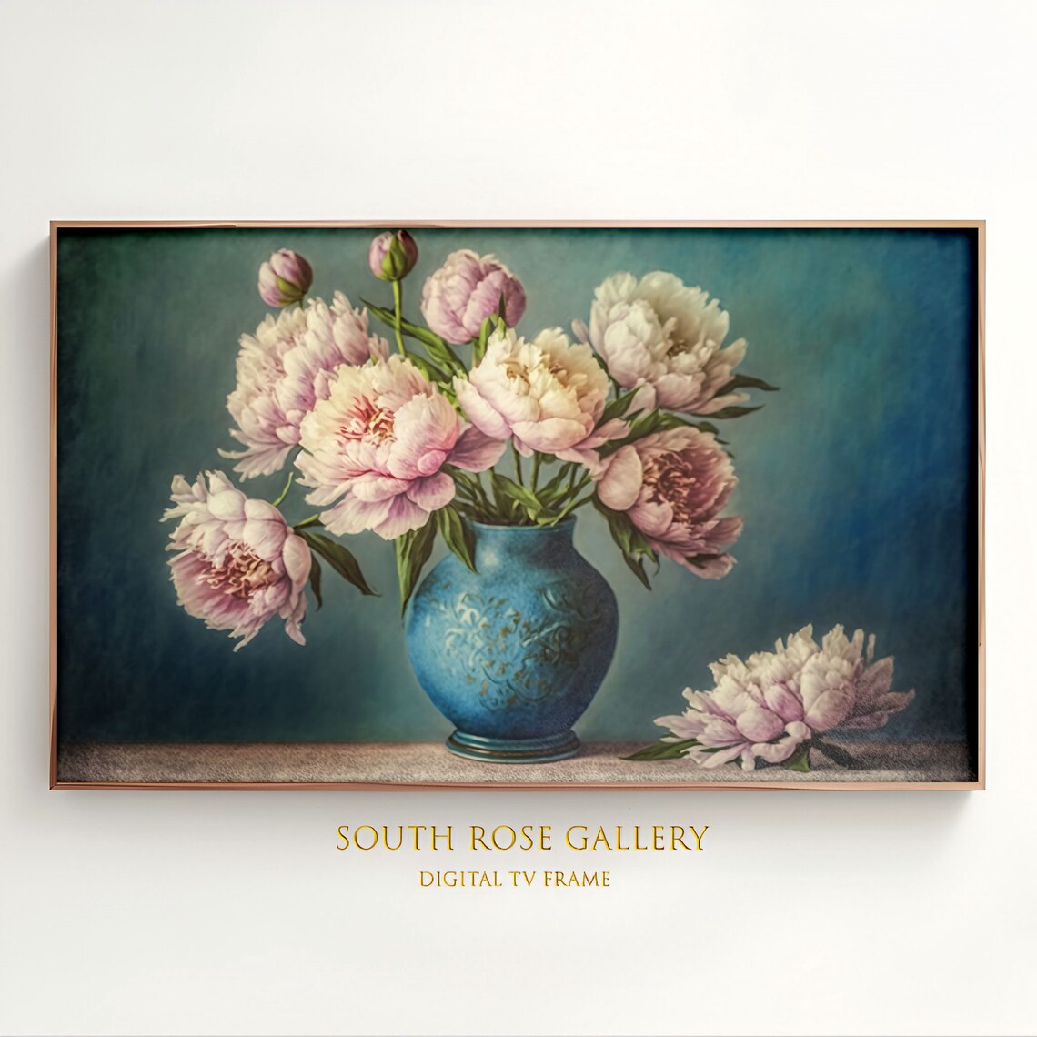 Pink Peonies In Blue Ceramic Vase Moody Floral Still Life Art Poster