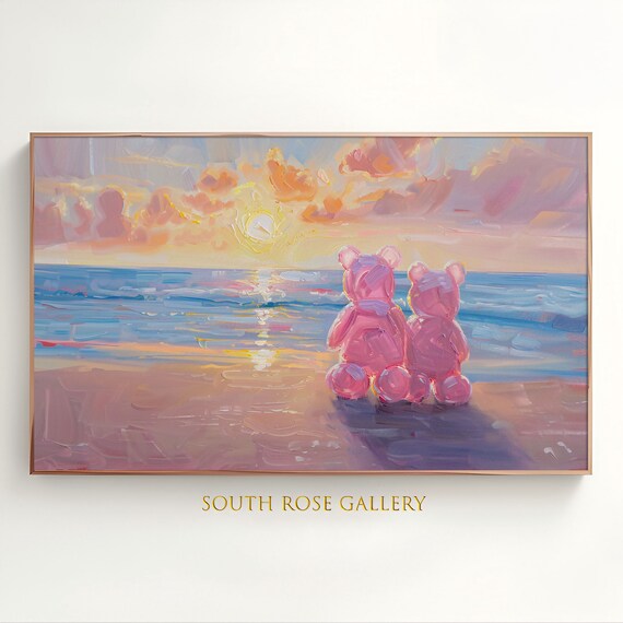Pink Gummy Bears Watching Ocean Sunset Beach Romantic Art Poster