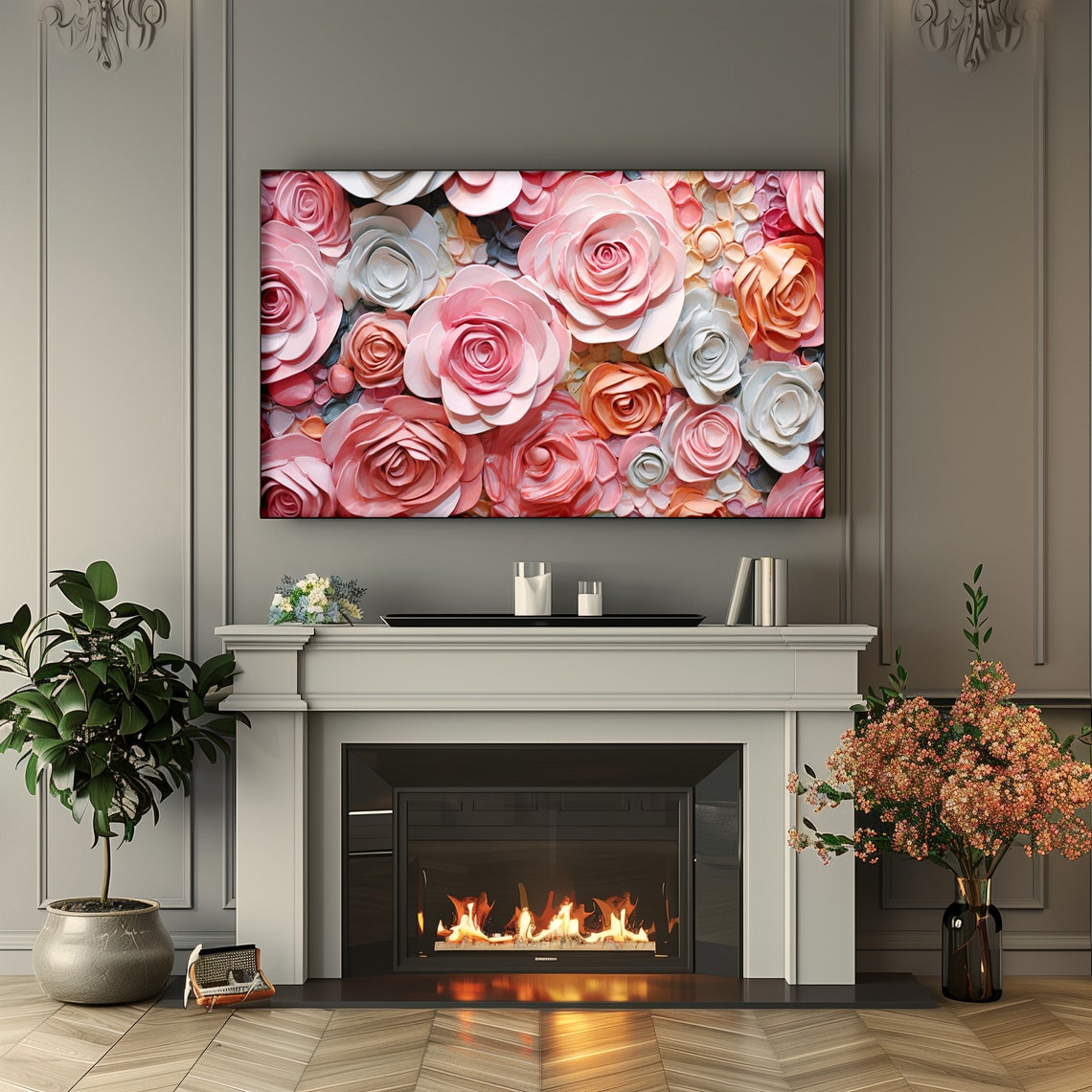 Pastel Roses 3D Impasto Flowers Pink Peach Blue Textured Art Poster - Image 2