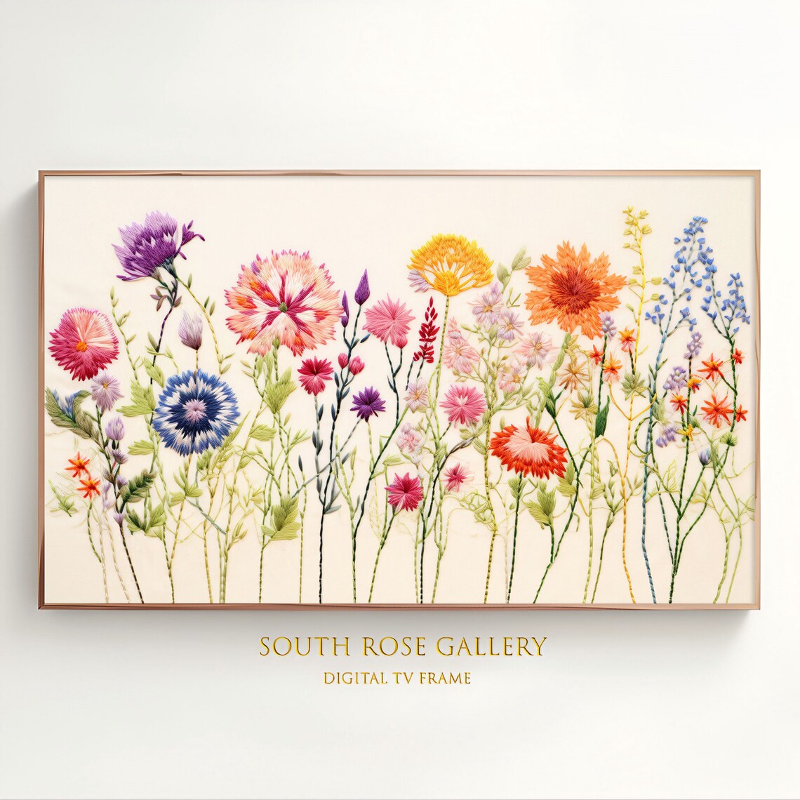 Spring Frame TV Art, Botanical Floral Embroidery
