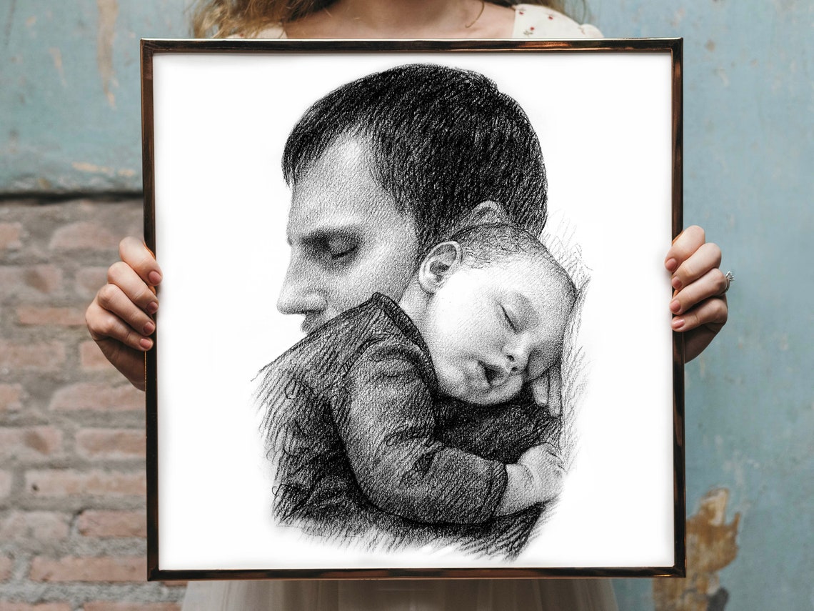 Dad Cradling Sleeping Newborn on Shoulder Charcoal Sketch Poster