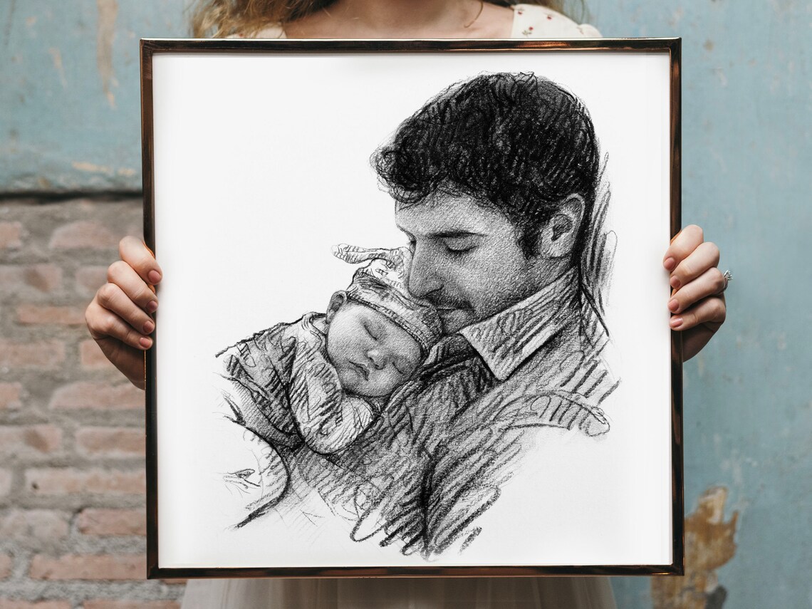 Father Kissing Sleeping Newborn Baby in Knit Cap Sketch Poster