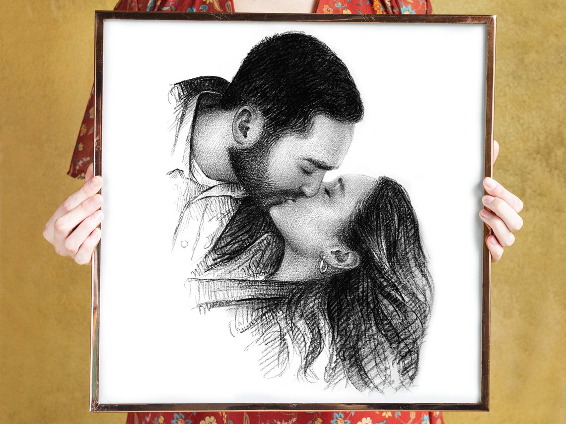 Bearded Man Kissing Her Forehead Custom Charcoal Portrait Print