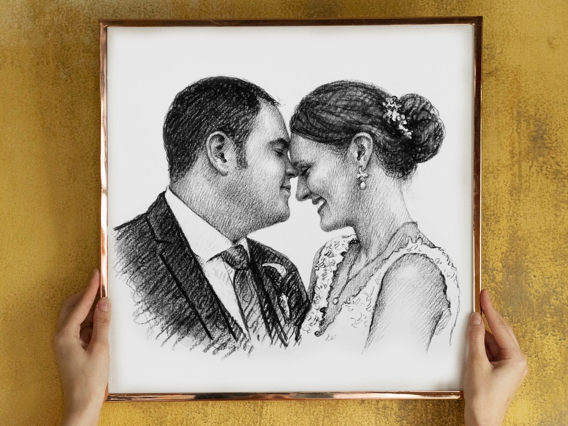 Bride with Floral Bun Nose to Nose with Groom Charcoal Portrait Poster