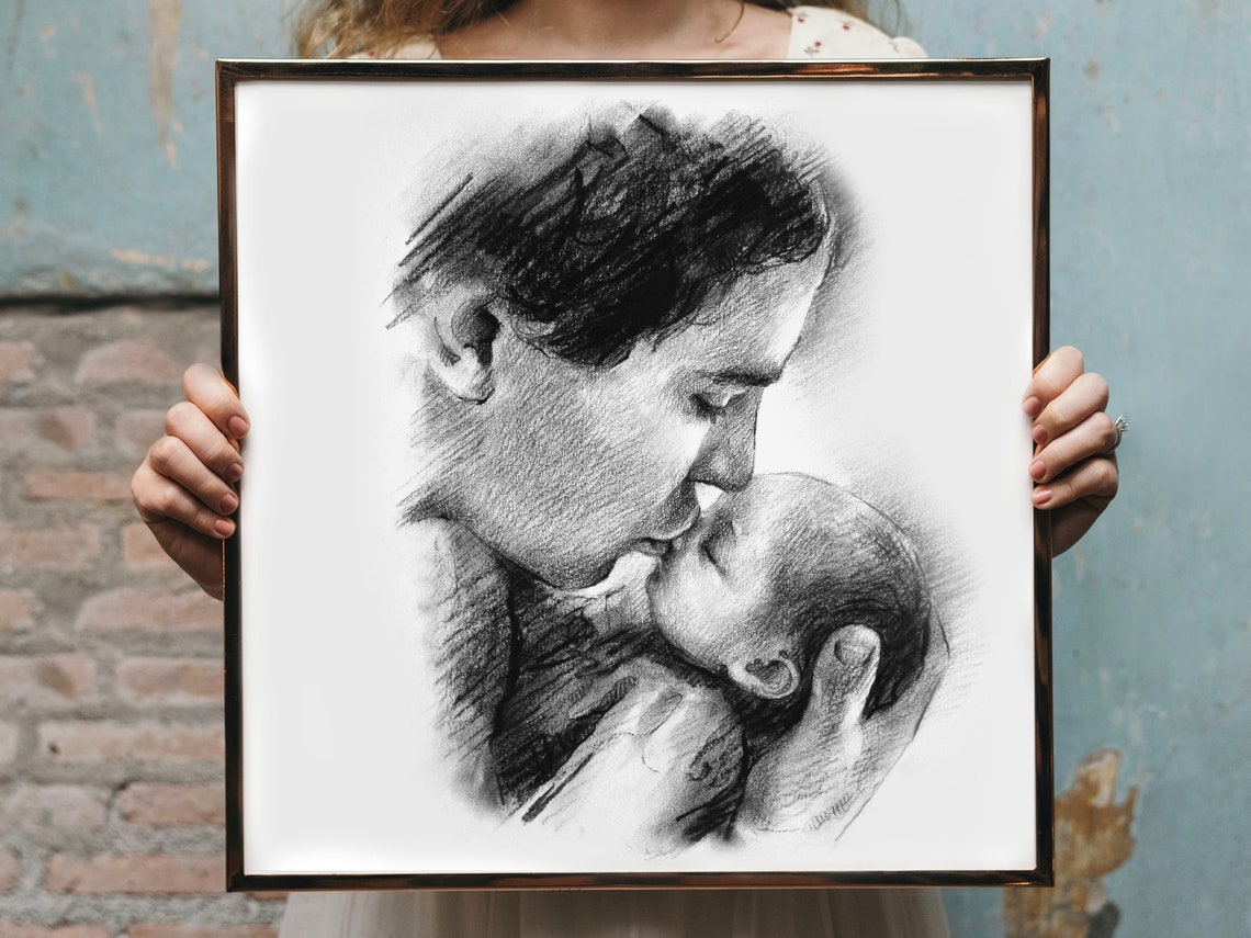 Bearded Dad Cradling Sleeping Newborn Baby Charcoal Portrait Poster - Image 4