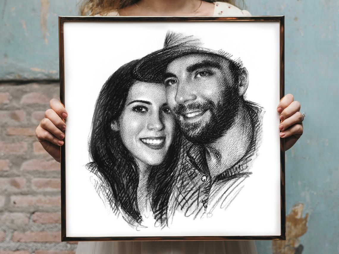Smiling Couple Custom Pencil Portrait Sketch Art Print From Photo