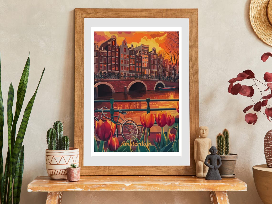 Amsterdam Netherlands Canal Tulips Sunset Bridge Travel Poster - Image 2