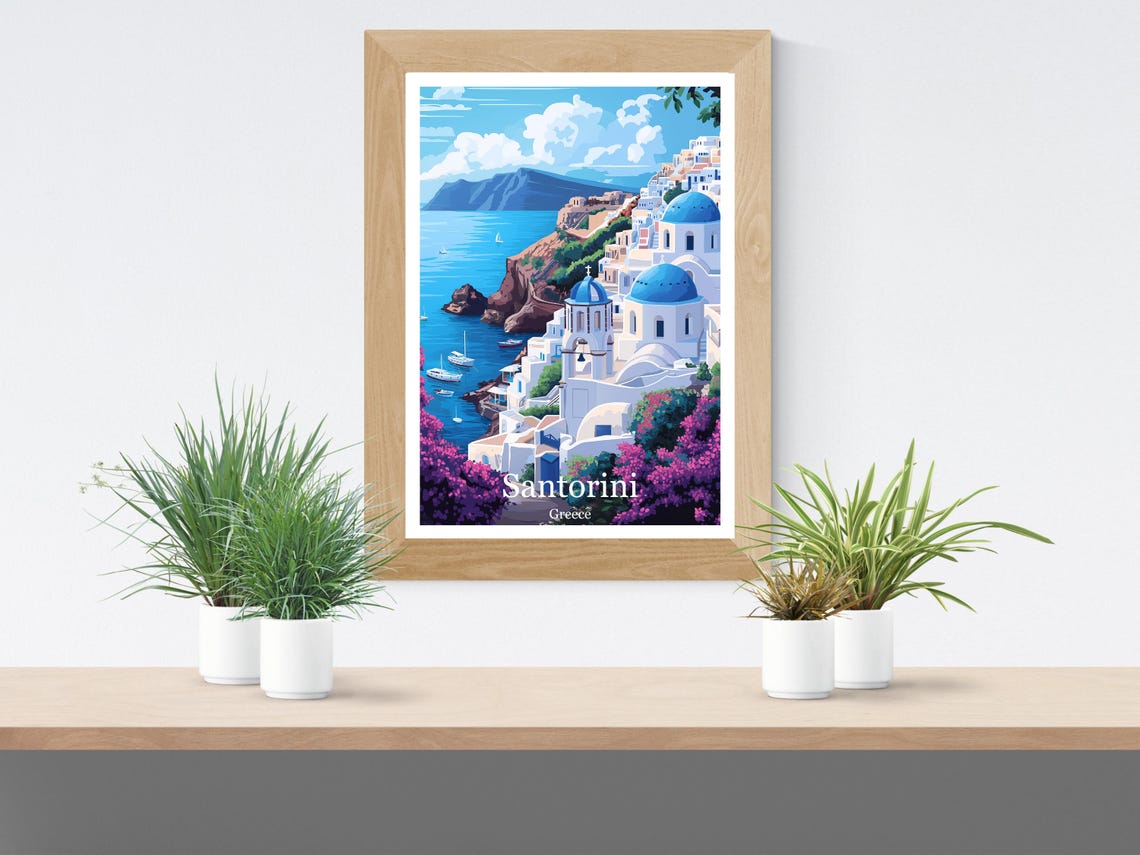 Santorini Greece Whitewashed Cliffside Village with Blue Domes Poster - Image 2