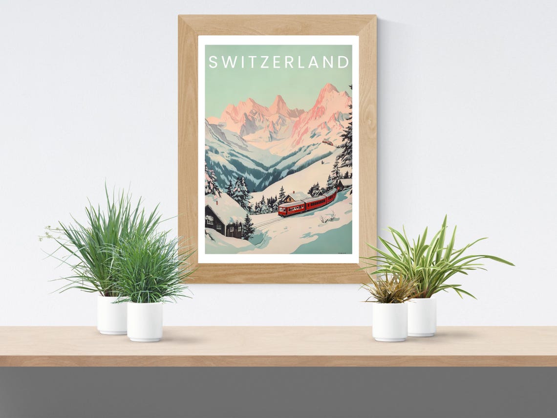 Switzerland Red Alpine Railway Snowy Peaks Winter Travel Poster - Image 2