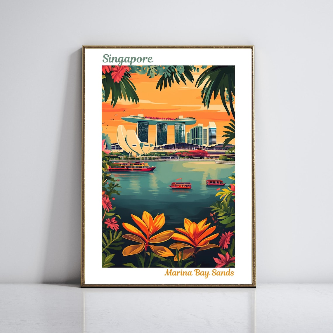 Singapore Marina Bay Sands Tropical Sunset City Travel Poster