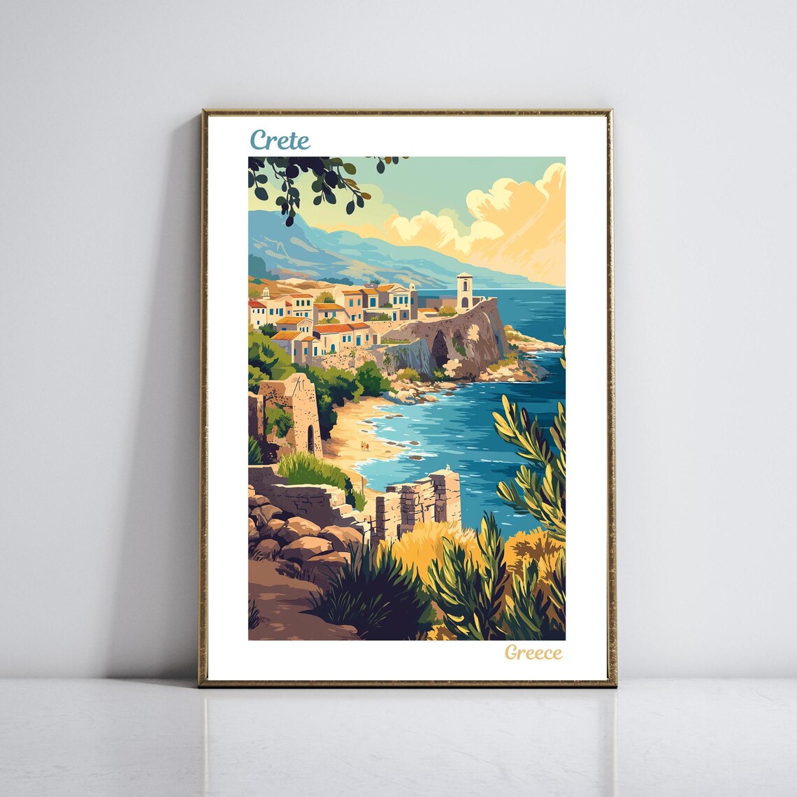 Crete Coastal Village Ancient Ruins Cliffs Greece Travel Poster