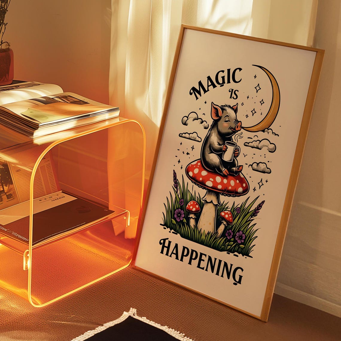 Piglet On Mushroom Magic Is Happening Moonlight Whimsy Art Poster - Image 3