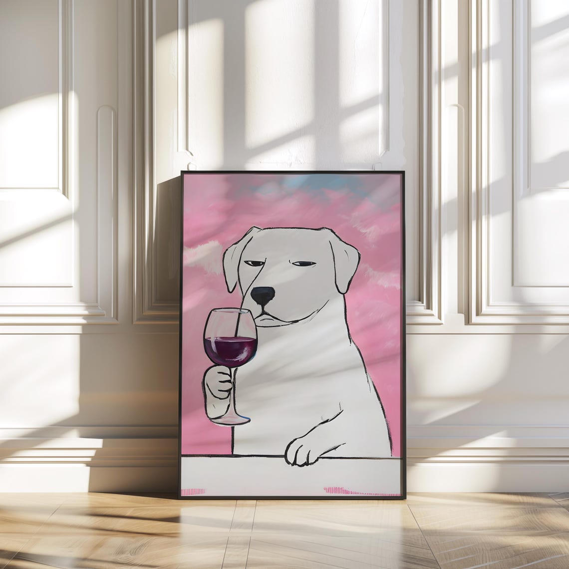 White Dog Sipping Red Wine Pink Background Funny Pet Art Poster