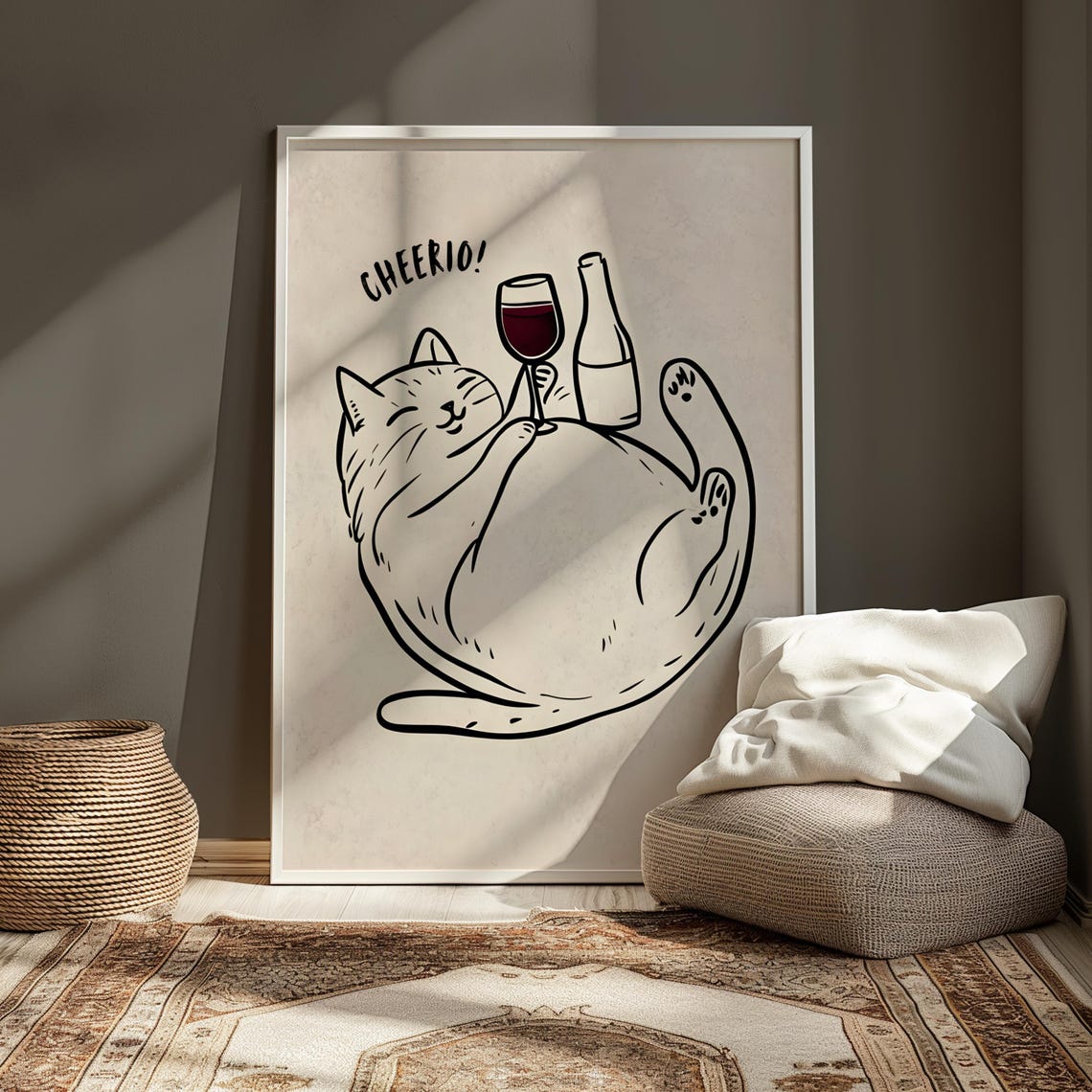 Cheerio Cat Lounging With Red Wine Bottle Funny Line Art Poster - Image 5