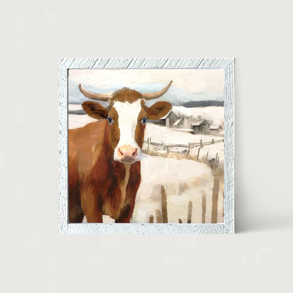 Longhorn Cow Winter Farm Snowy Barn Scene Brown Cattle Framed Poster - Image 3