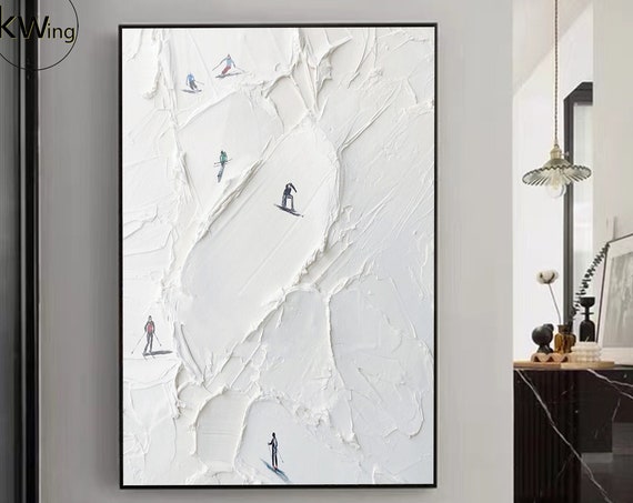 Large White 3d Texture Painting On Ski Landscape Art White Plaster Style Textured Wall Art Winter Decor Artwork Gifts For Skiers