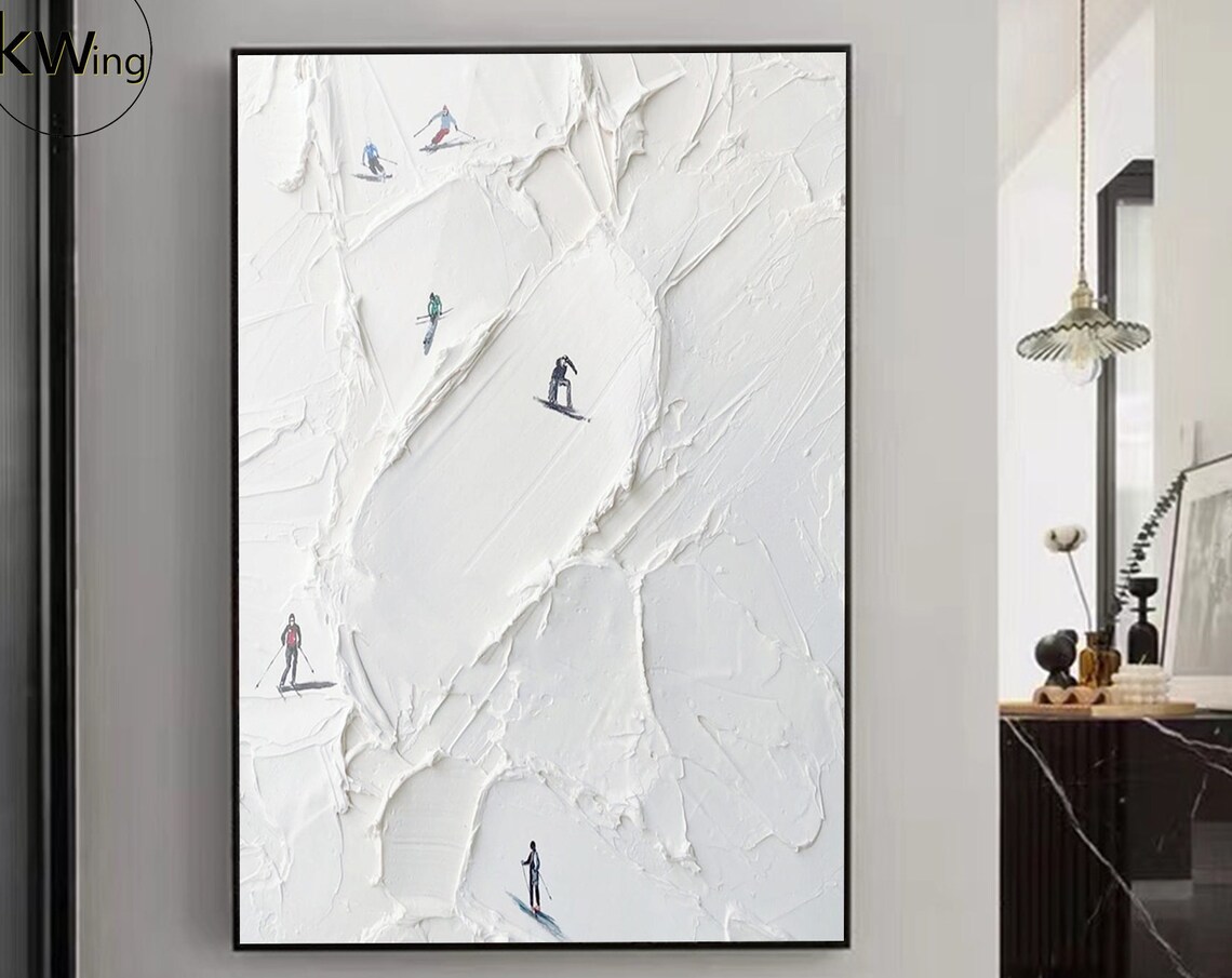 Skiers Descending Snowy White Slope Textured Winter Sports Art Poster