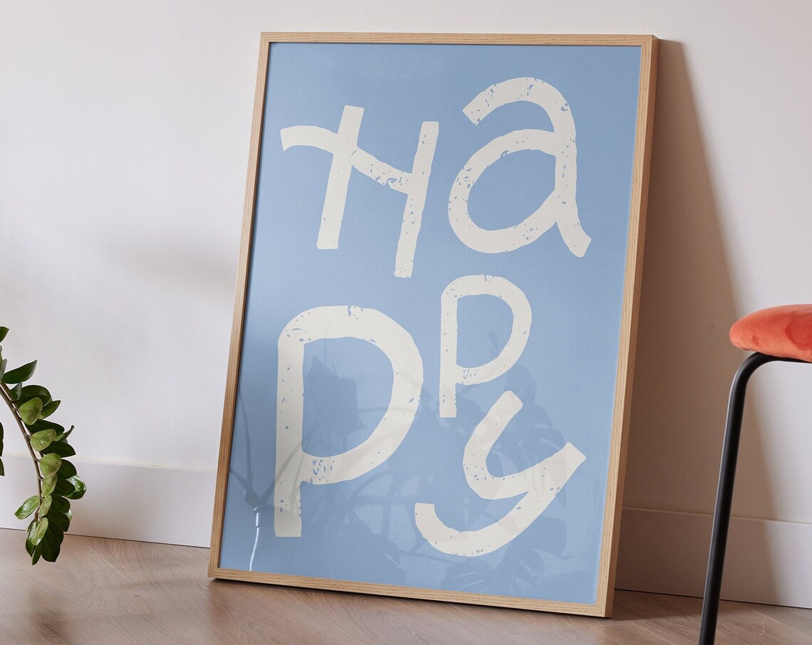 HAPPY White Hand Lettered Typography on Blue Positive Art Poster - Image 2