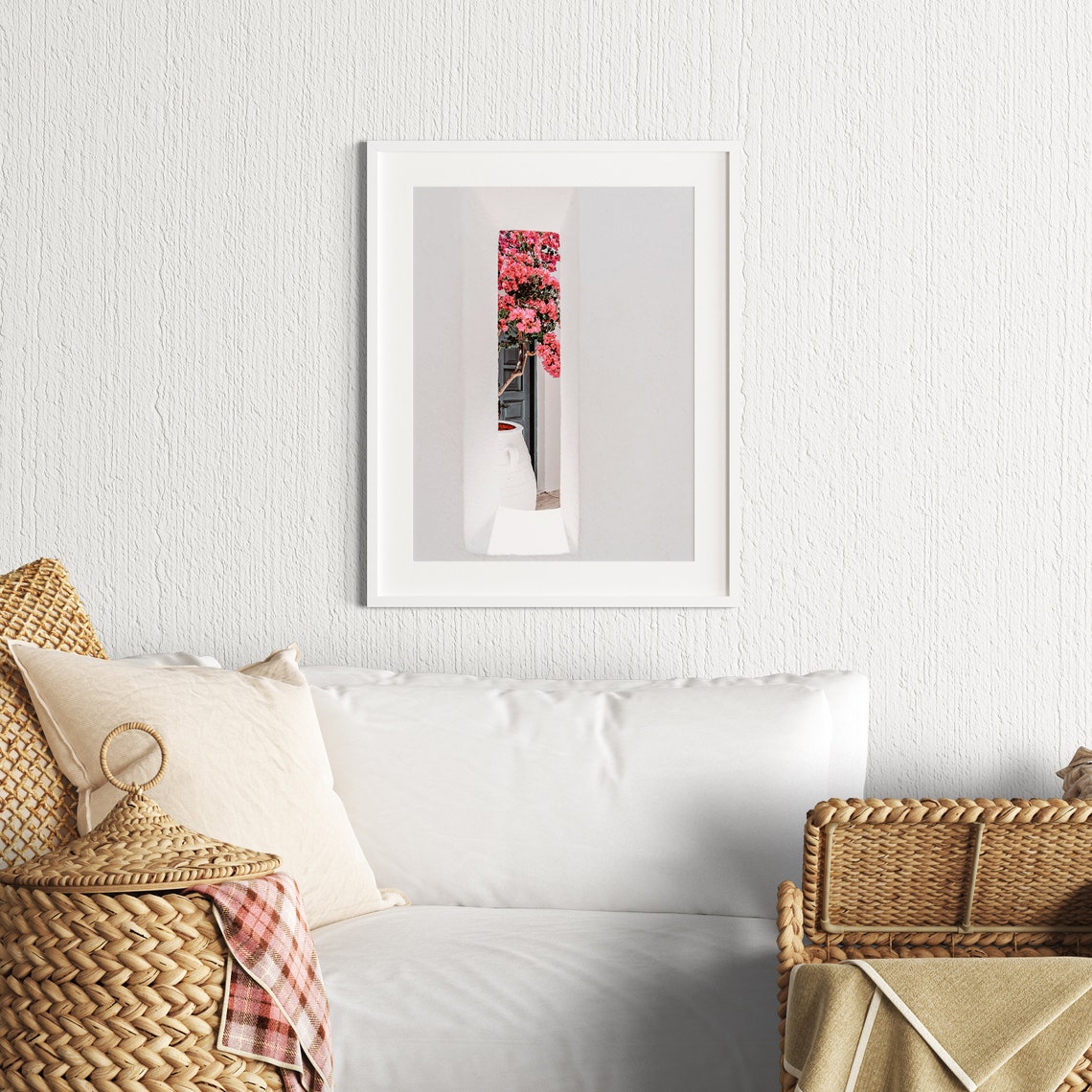 Santorini White Archway with Pink Bougainvillea Photography Poster - Image 3