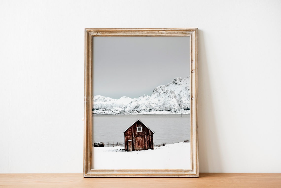 Red Wooden Cabin In Snowy Norway Mountains Winter Travel Wall Print - Image 3