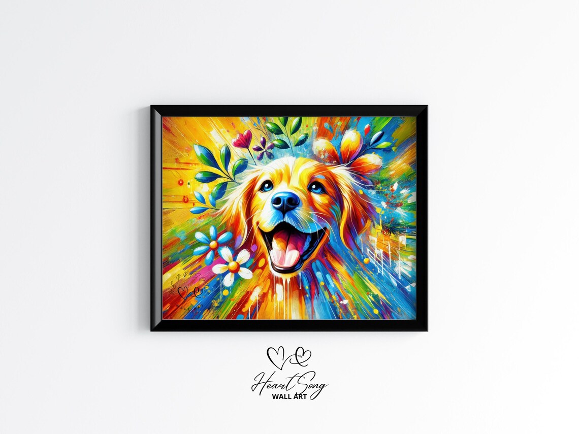 Golden Retriever Pop Art Dog Portrait with Colorful Flowers Poster
