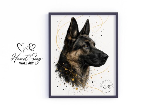 German Shepherd Profile Watercolor Ink Gold Speckles Dog Poster