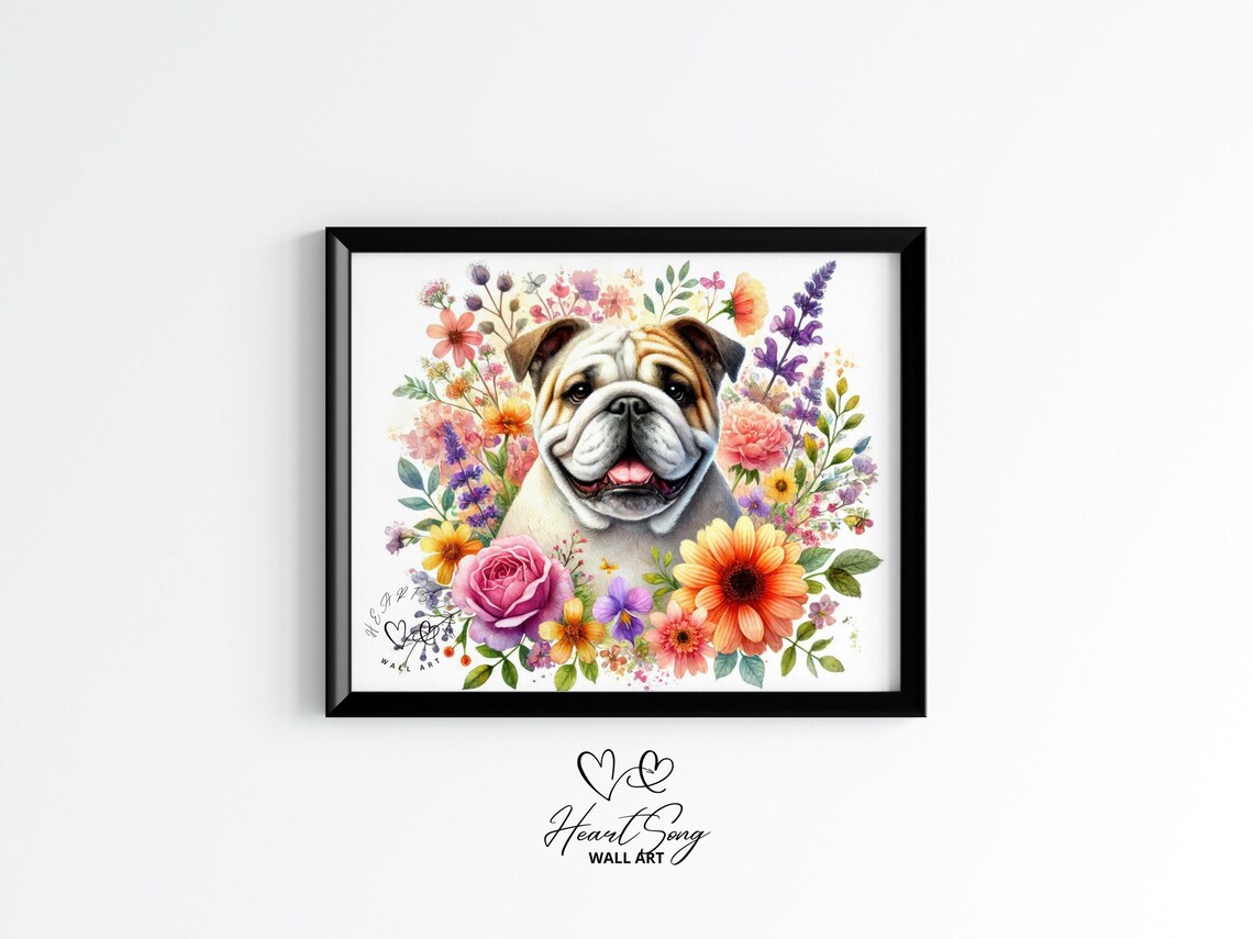 English Bulldog Floral Watercolor Poster Dog Breed Botanical Decor