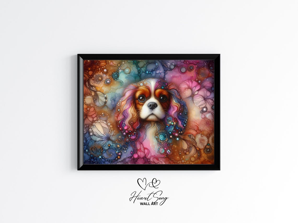 Cavalier King Charles Spaniel Dog Painting Rustic Abstract Wall Art In Soft Tones With Fluid Motion For Modern Decor 844