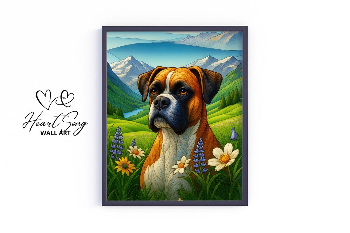 Boxer Dog Portrait In Mountain Wildflower Meadow Painting Poster