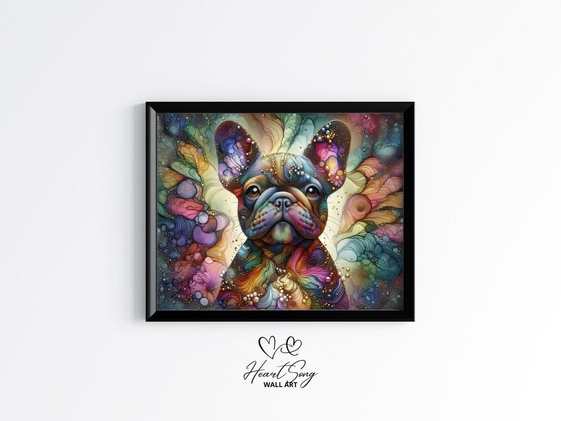 Cute French Bulldog Portrait Rainbow Alcohol Ink Dog Art Poster