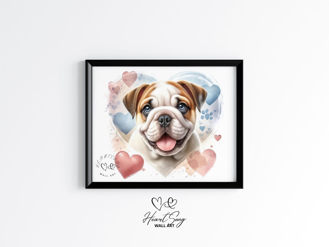 Bulldog Puppy Valentine Art Rustic Dog Painting Warm Country Farmhouse Decor Moody Pet Portrait Print 274