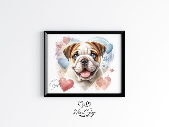 Bulldog Puppy Valentine Art Rustic Dog Painting Warm Country Farmhouse Decor Moody Pet Portrait Print 274
