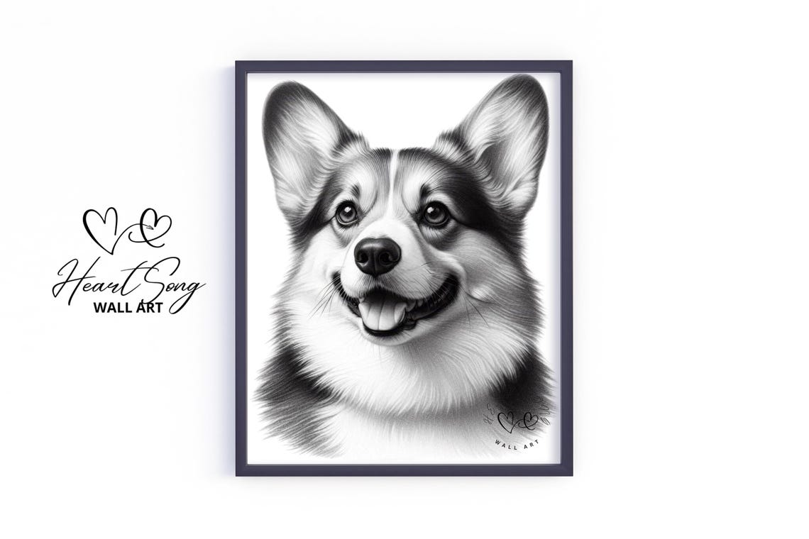 Smiling Corgi Black and White Pencil Sketch Happy Dog Portrait Poster