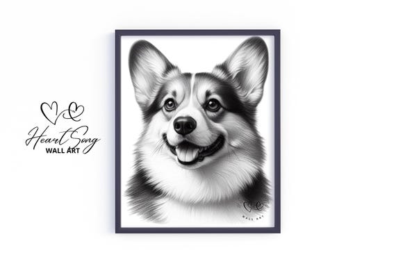 Corgi Moody Dog Sketch Vintage Country Art Playful Earthy Warm Holiday Cottage Decor V455