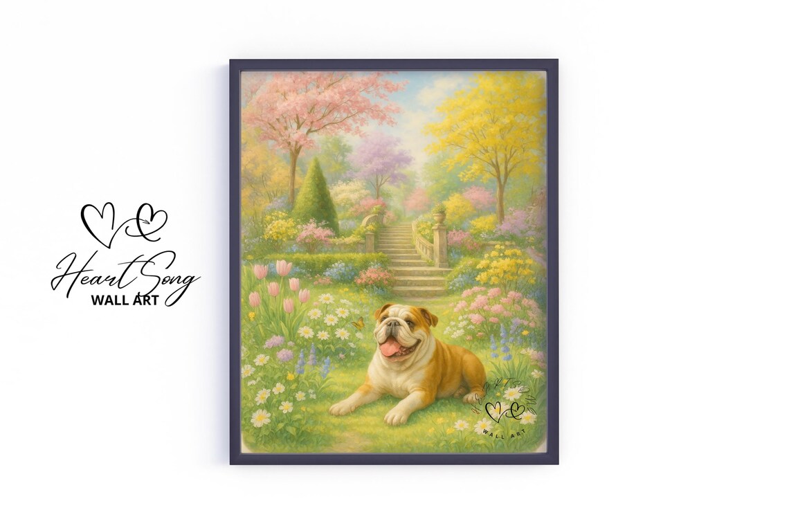 Bulldog In Spring Flower Garden Cute Dog Portrait Art Poster