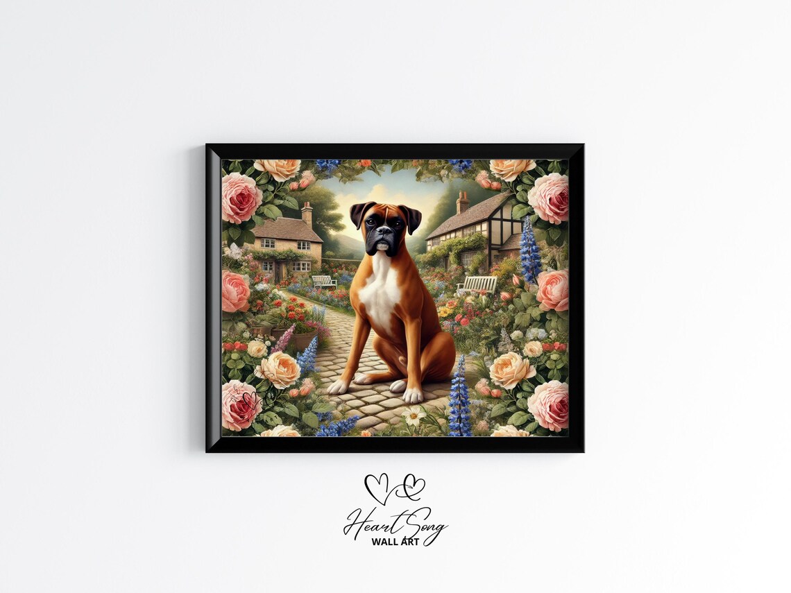 Boxer Dog Cottage Garden Floral Vintage Country Farmhouse Poster