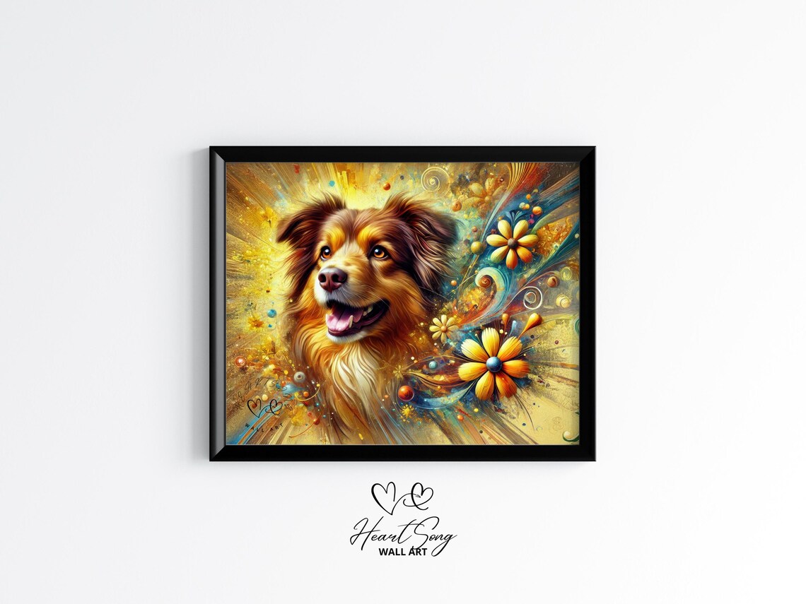 Australian Shepherd Red Golden Floral Portrait Pet Dog Poster