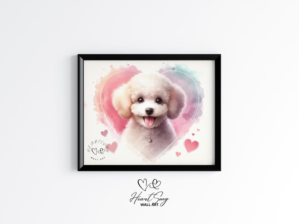 Cute Poodle Puppy Love Watercolor Heart Pet Portrait Wall Art