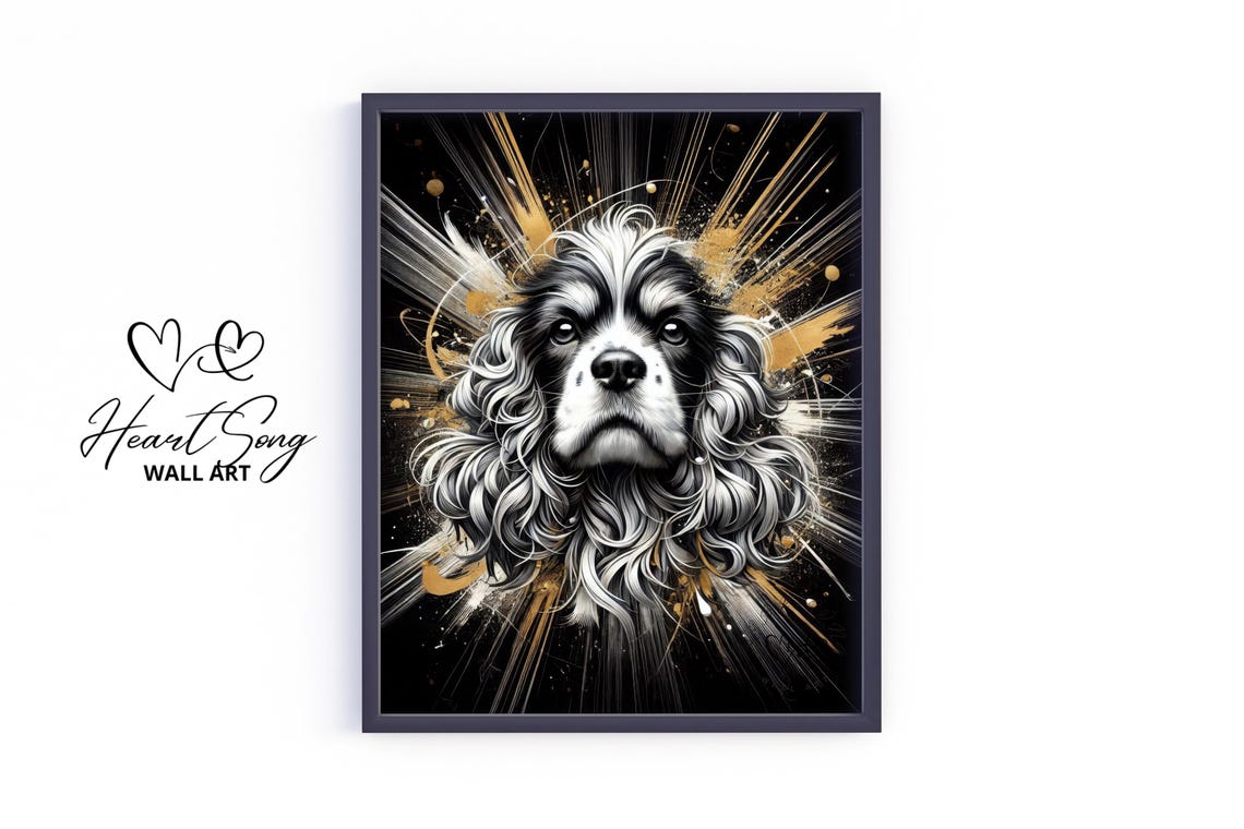 Cocker Spaniel Moody Black and Gold Splatter Dog Portrait Poster