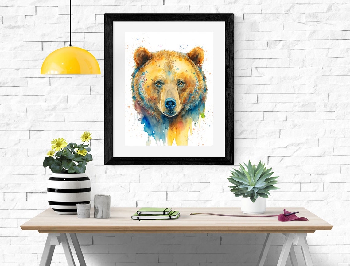 Brown Bear Face In Watercolor With Blue And Gold Drips Art Poster - Image 2