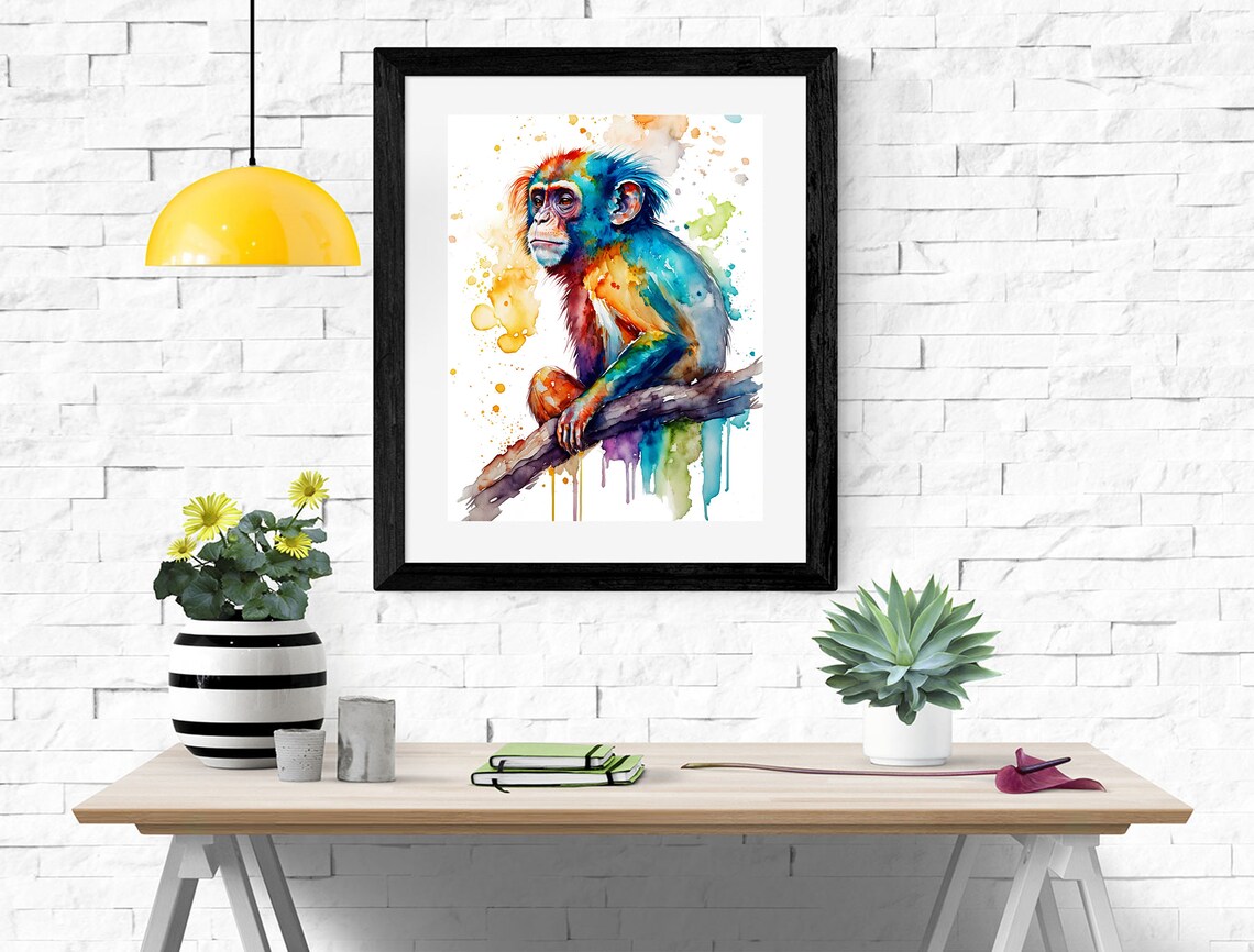 Baby Monkey Sitting on Branch Rainbow Watercolor Cute Animal Poster - Image 2