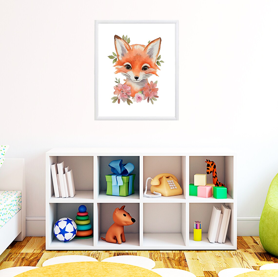 Baby Fox Cub With Pink Flowers Watercolor Nursery Animal Poster - Image 2