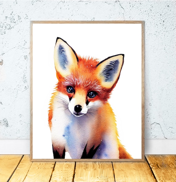 Adorable Red Fox Cub Watercolor Baby Animal Nursery Art Poster