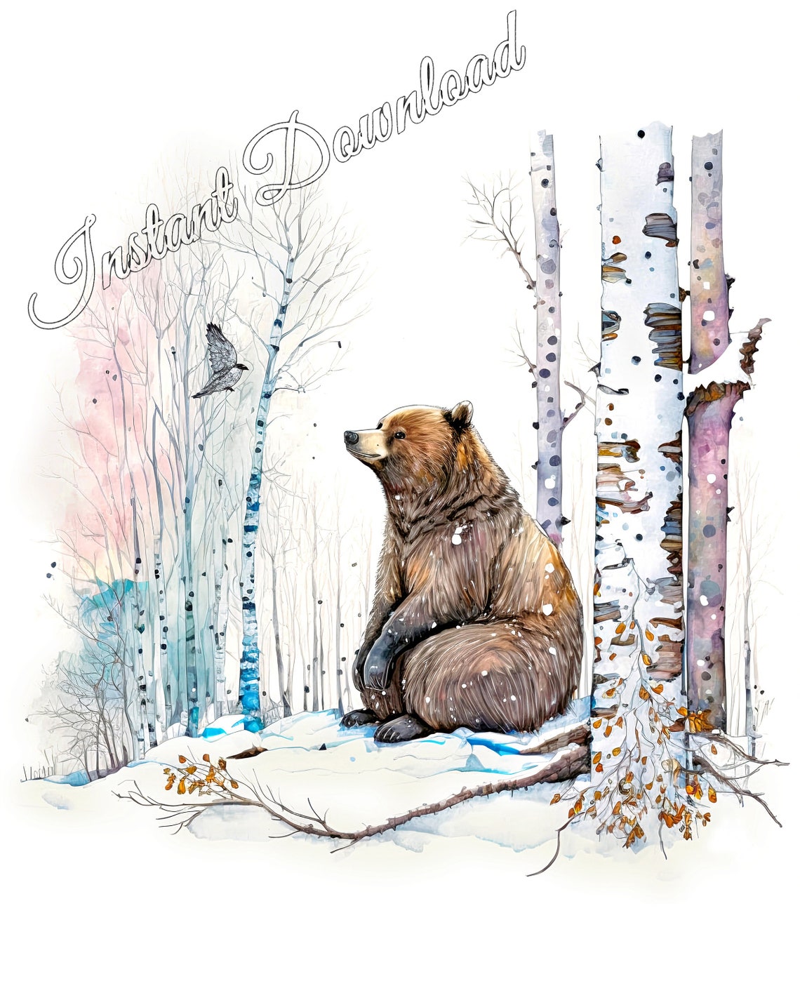 Brown Bear Sitting In Snow Among Birch Trees Winter Nature Poster - Image 2