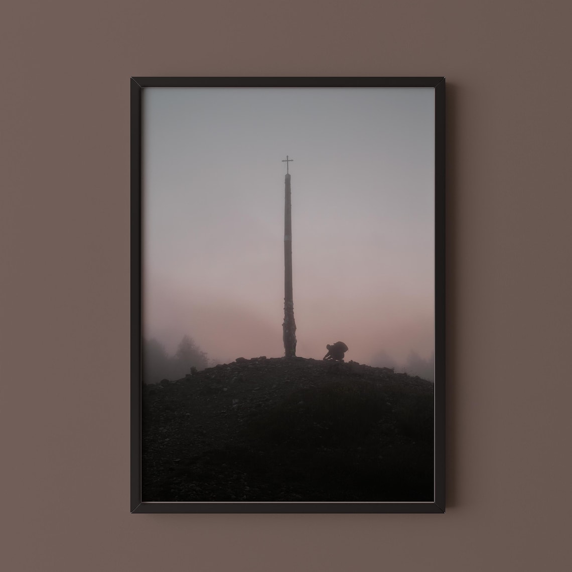 Camino Pilgrim at Cruz de Ferro Misty Dawn Spain Photo Print