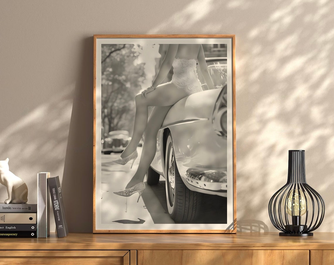 Woman Sitting On A Car Print Vintage Bar Cart Retro Poster College Wall Art Girl Room Apartment Funky Decor Feminist Poster Black And White