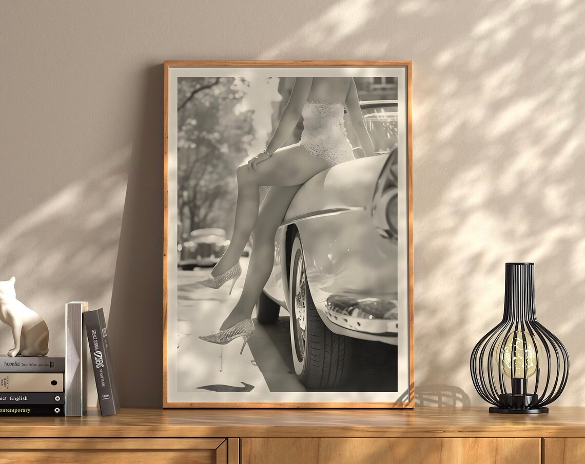 Woman Sitting On Vintage Car Black And White Fashion Art Poster