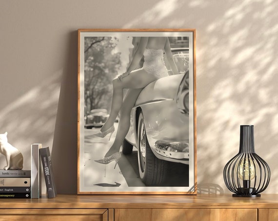 Woman Sitting On A Car Print Vintage Bar Cart Retro Poster College Wall Art Girl Room Apartment Funky Decor Feminist Poster Black And White
