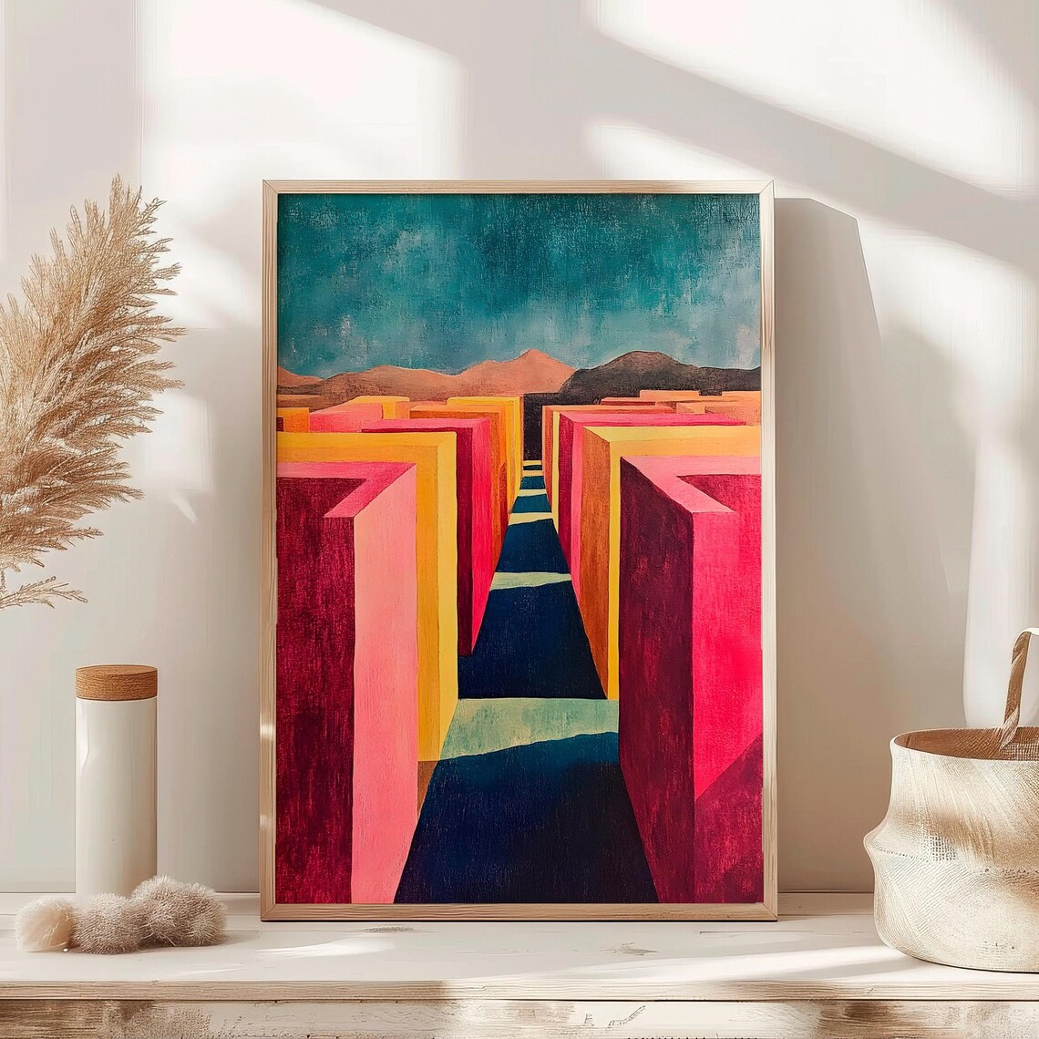 Colorful Geometric City Corridor To The Sea Modern Art Poster